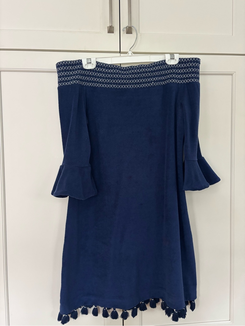 Cabana Life Navy Blue Off-Shoulder Tassel-Hem Dress
